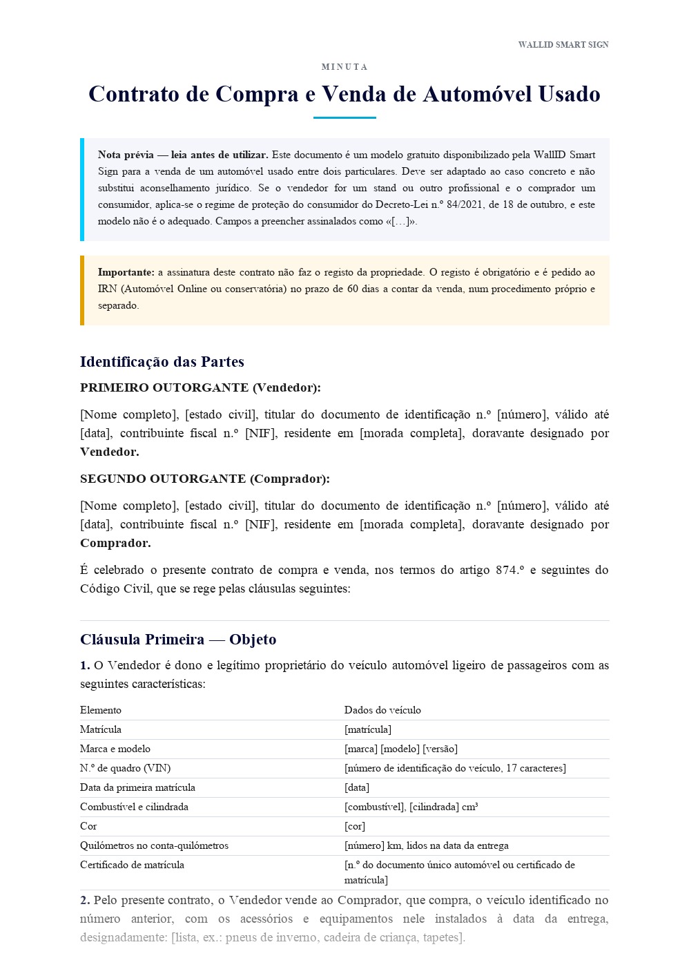 Pré-visualização: Minuta de Contrato de Compra e Venda de Automóvel Usado