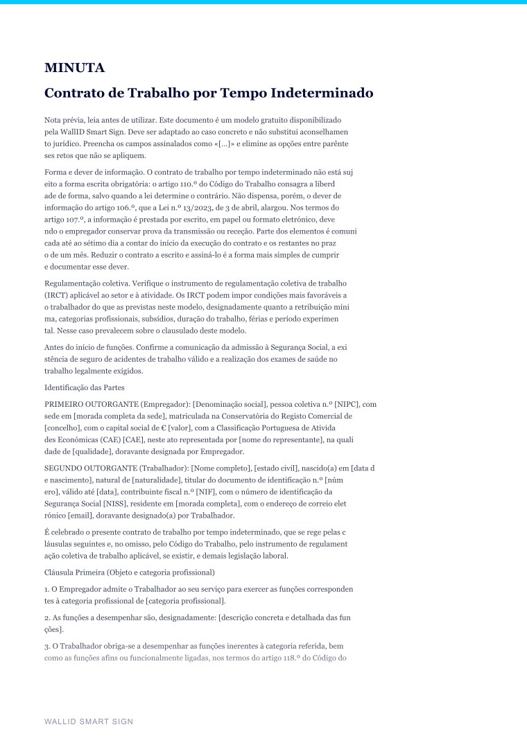 Pré-visualização: Minuta de Contrato de Trabalho Sem Termo