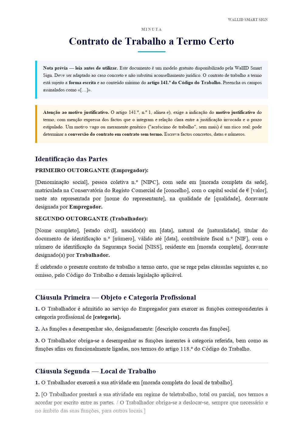 Pré-visualização: Minuta de Contrato de Trabalho a Termo Certo
