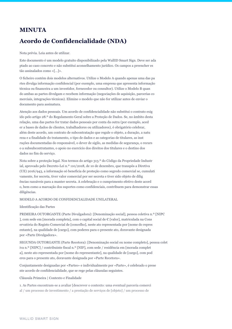 Pré-visualização: Minuta de Acordo de Confidencialidade (NDA)