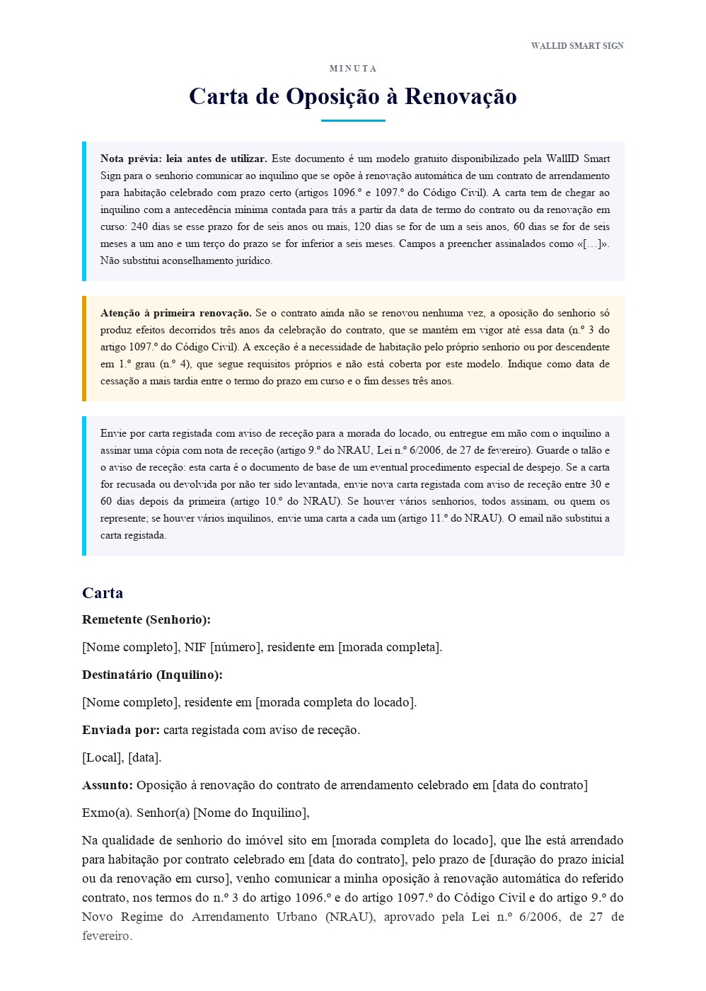 Pré-visualização: Carta de Oposição à Renovação do Contrato de Arrendamento